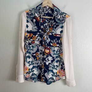 Express Portofino Shirt Womens XS Slim Fit Floral Button Up Roll Tab Sleeve Top